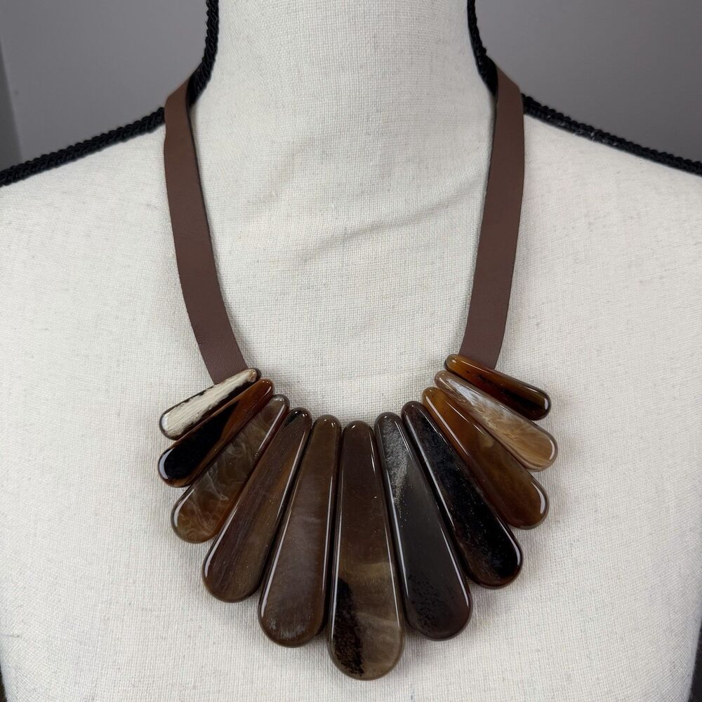 Brown Acrylic Resin Horn Drop Bib Statement Faux Leather Band Necklace Bohemian